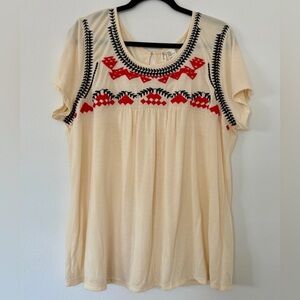 Simply Irresistible Geometric Embroidered Baby Doll Short Sleeve White Top